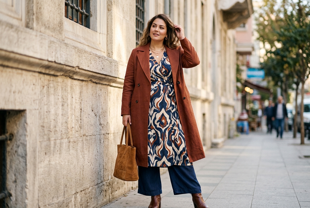 Büyük Beden Stil ve Renk Rehberi: Şık ve Modern Kombinler için büyük beden moda editoryal görseli